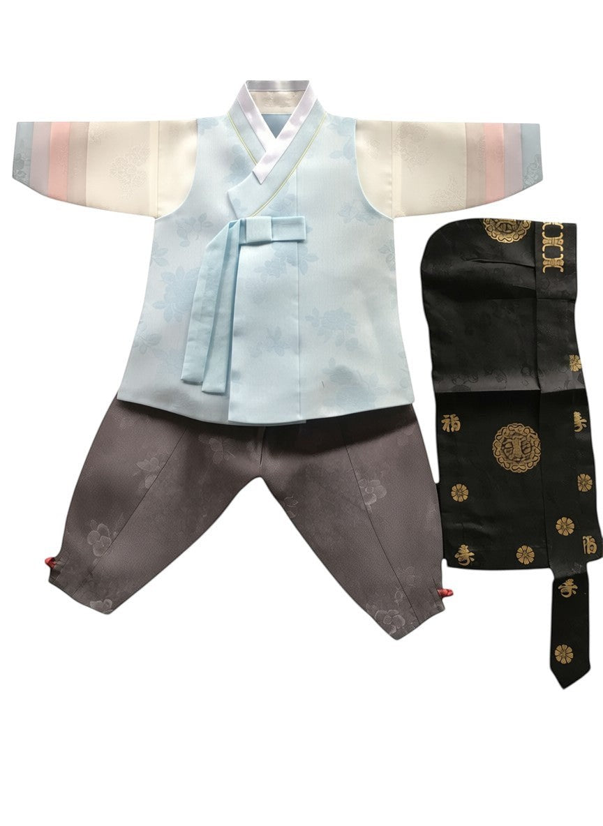 Little Seouls pastel blue and cream 1st birthday boy hanbok set with grey pants and black hat. Features floral embroidery.