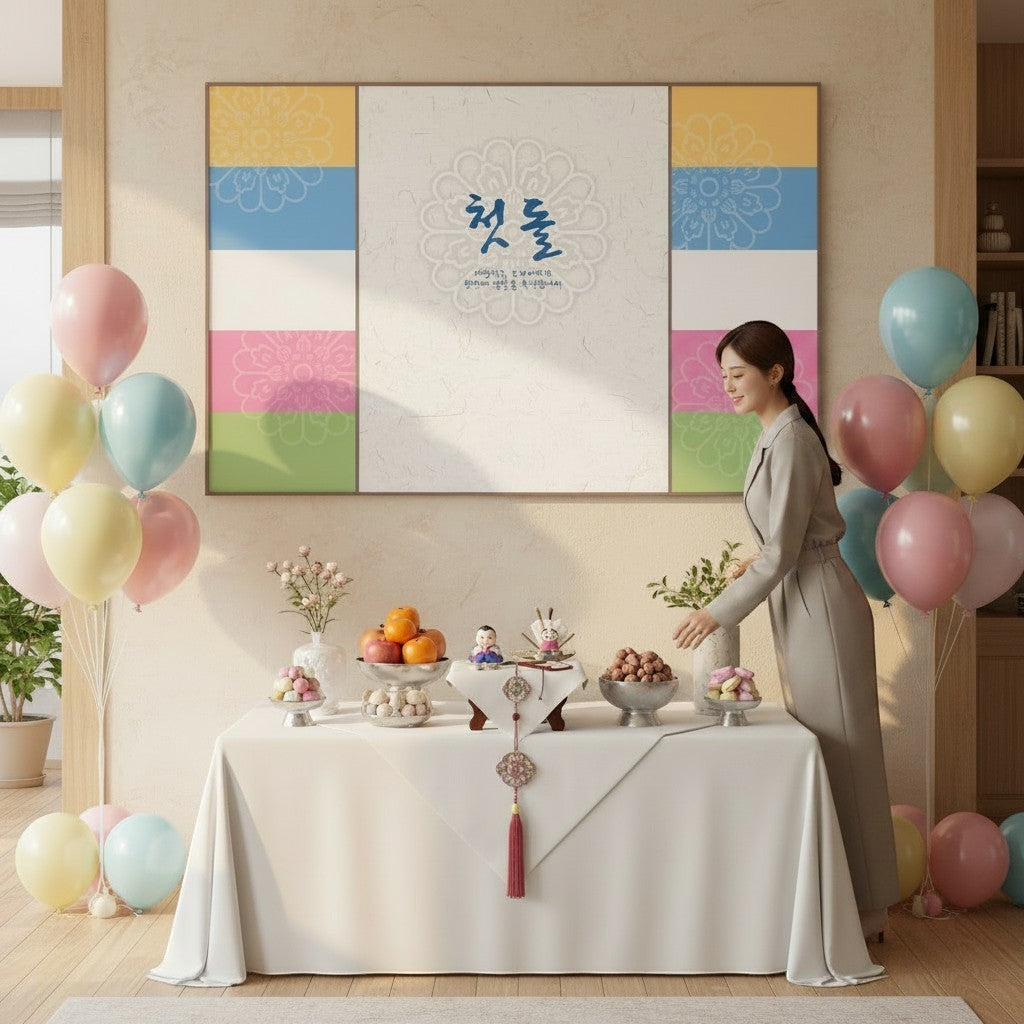 Little Seouls pastel stripes 1st birthday banner with floral motif, 4x6' vinyl backdrop for celebrations.