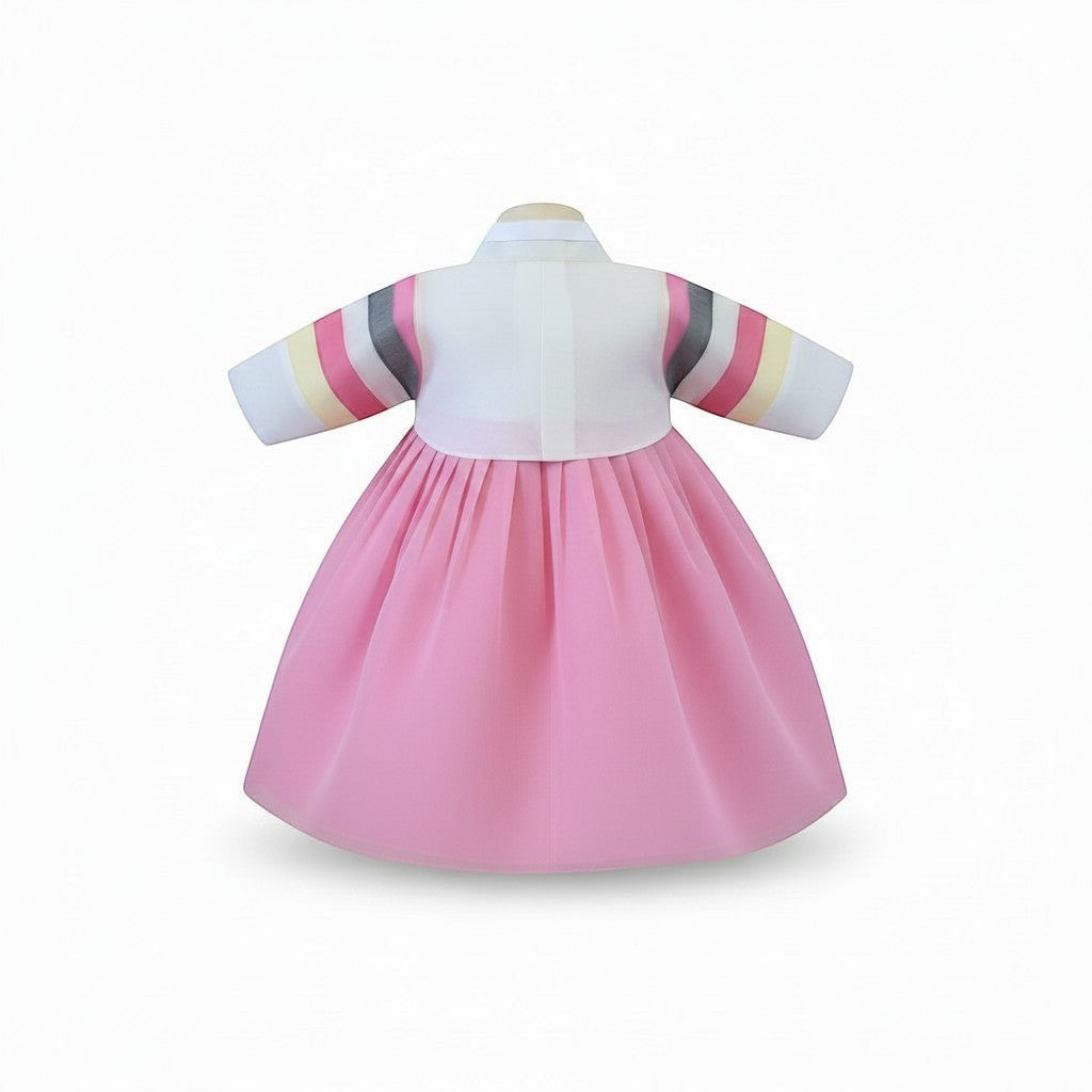Little Seouls light pink tulle skirt hanbok with white top and striped sleeves, size 3-6 months.