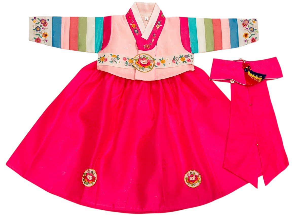 Little Seouls pink and multi-color striped 1st birthday girl's hanbok with embroidered flowers and matching headpiece.
