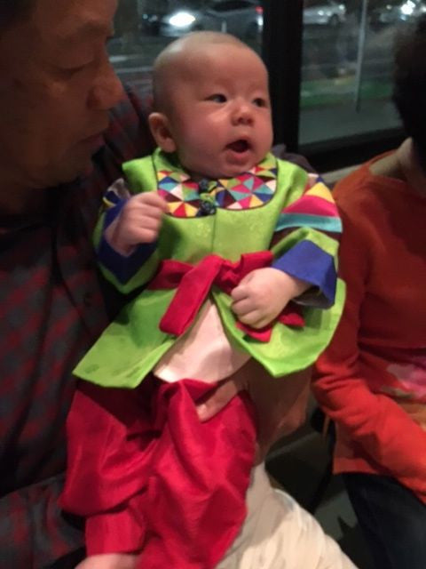 Customer Gallery:  100th Day Hanbok Red and Green
