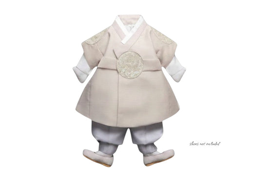Little Seouls 100th Day boy's taupe hanbok set with white undershirt, vest, pants, and shoes. Features ornate embroidery on the vest.
