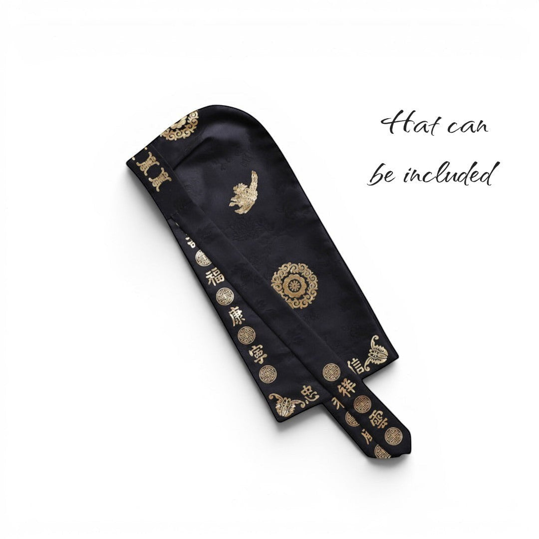 Little Seouls black 100th day boy hanbok hat with gold embroidered symbols and Chinese characters.