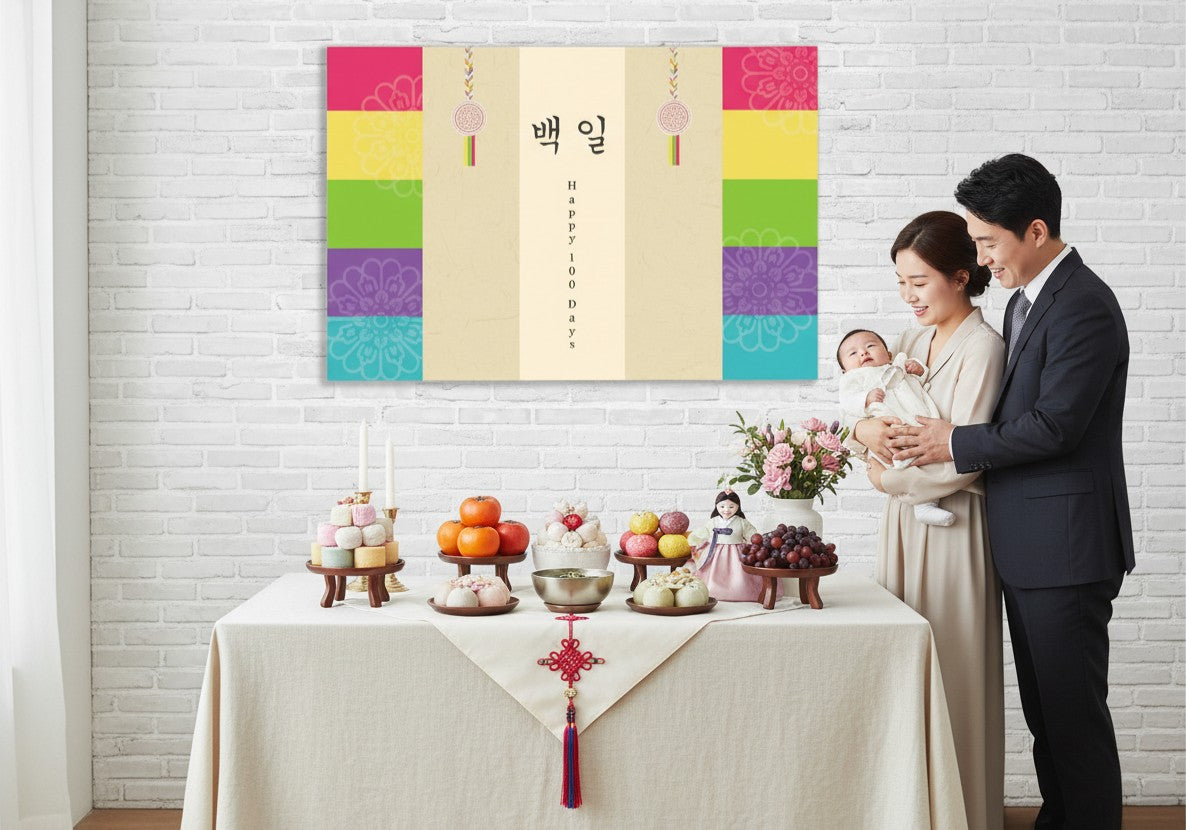 Little Seouls 100th Day Baek-il traditional Korean birthday banner in vinyl, featuring colorful stripes and floral motifs.