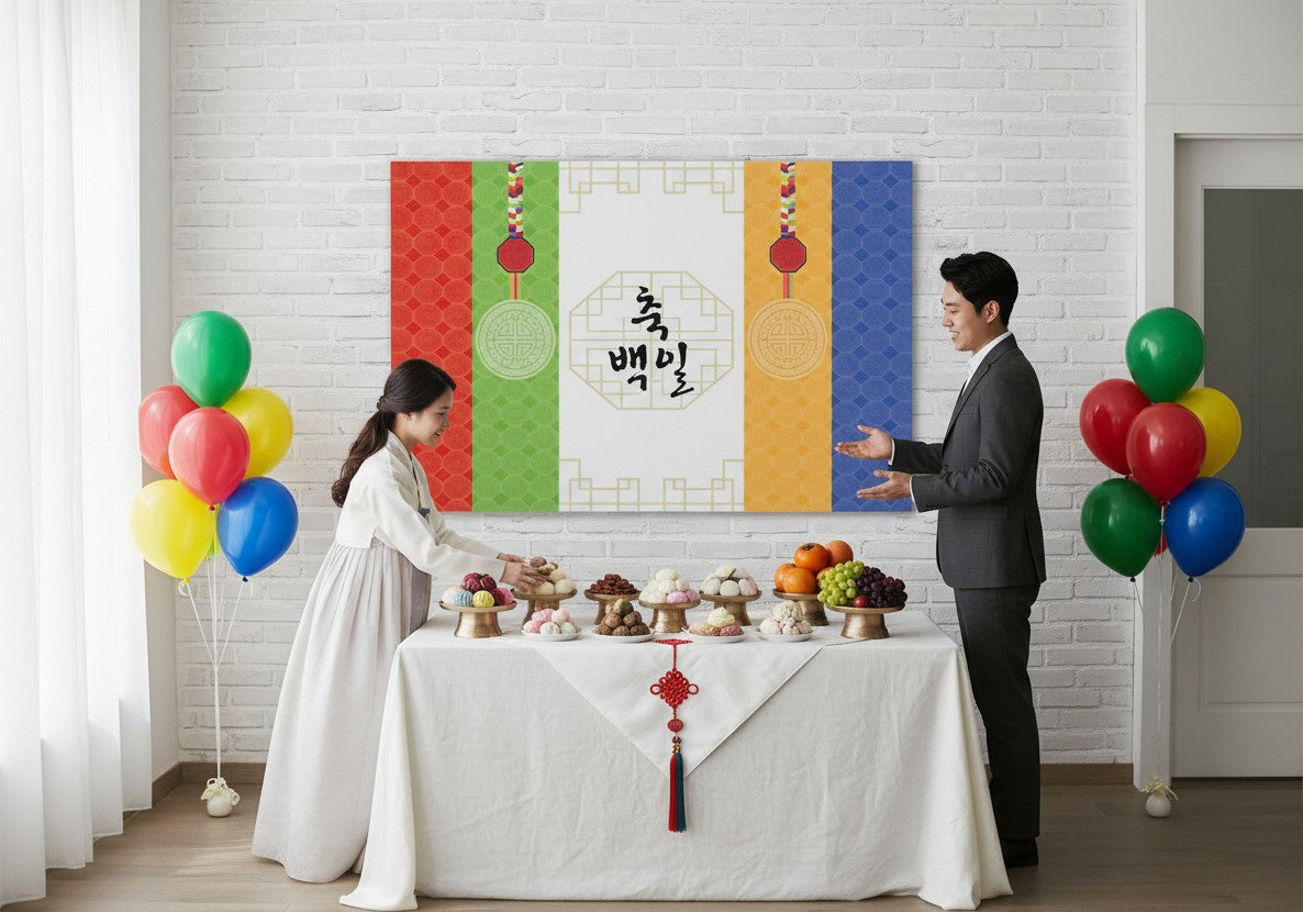 Little Seouls 100th Day Baek-il Korean Birthday Celebration Banner, vinyl, colorful traditional patterns and tassels.
