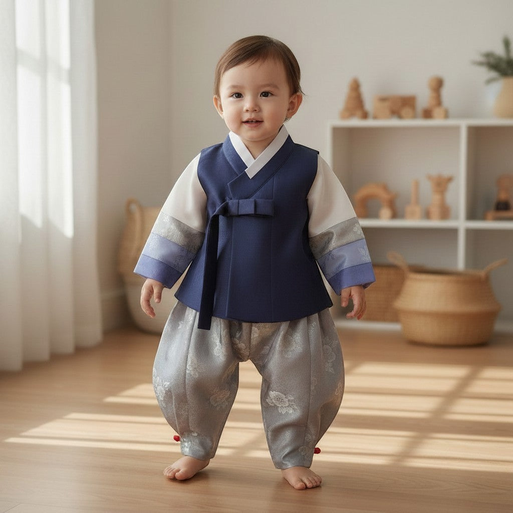 Little Seouls 100th Day boy's blue and gray traditional prince hanbok with white sleeves and patterned pants.