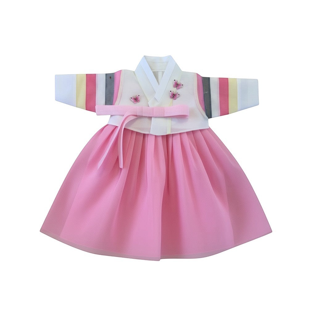 Little Seouls light pink and gray 100th day hanbok for girls, size 3-6 months, with tulle skirt and butterfly accents.