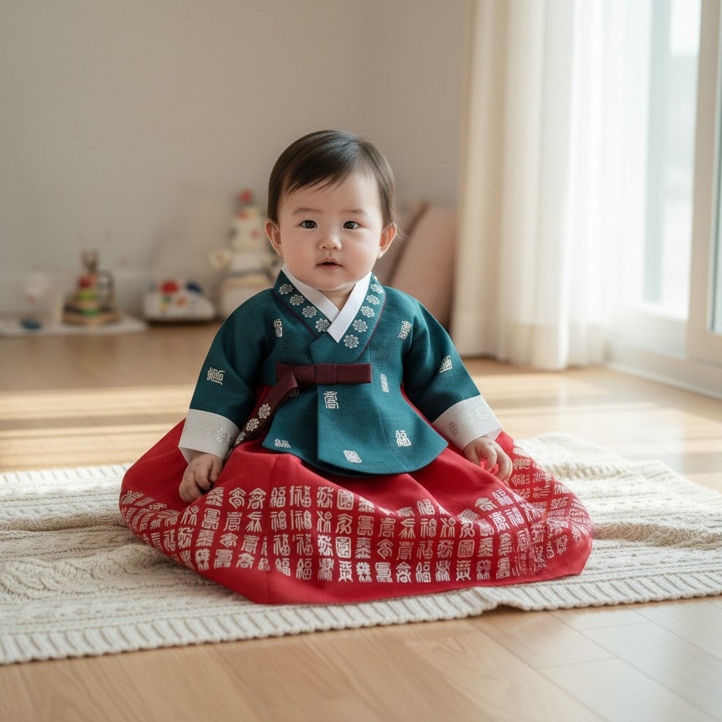 Little Seouls teal and red 100th day hanbok for girls, featuring embroidered details and a full skirt.