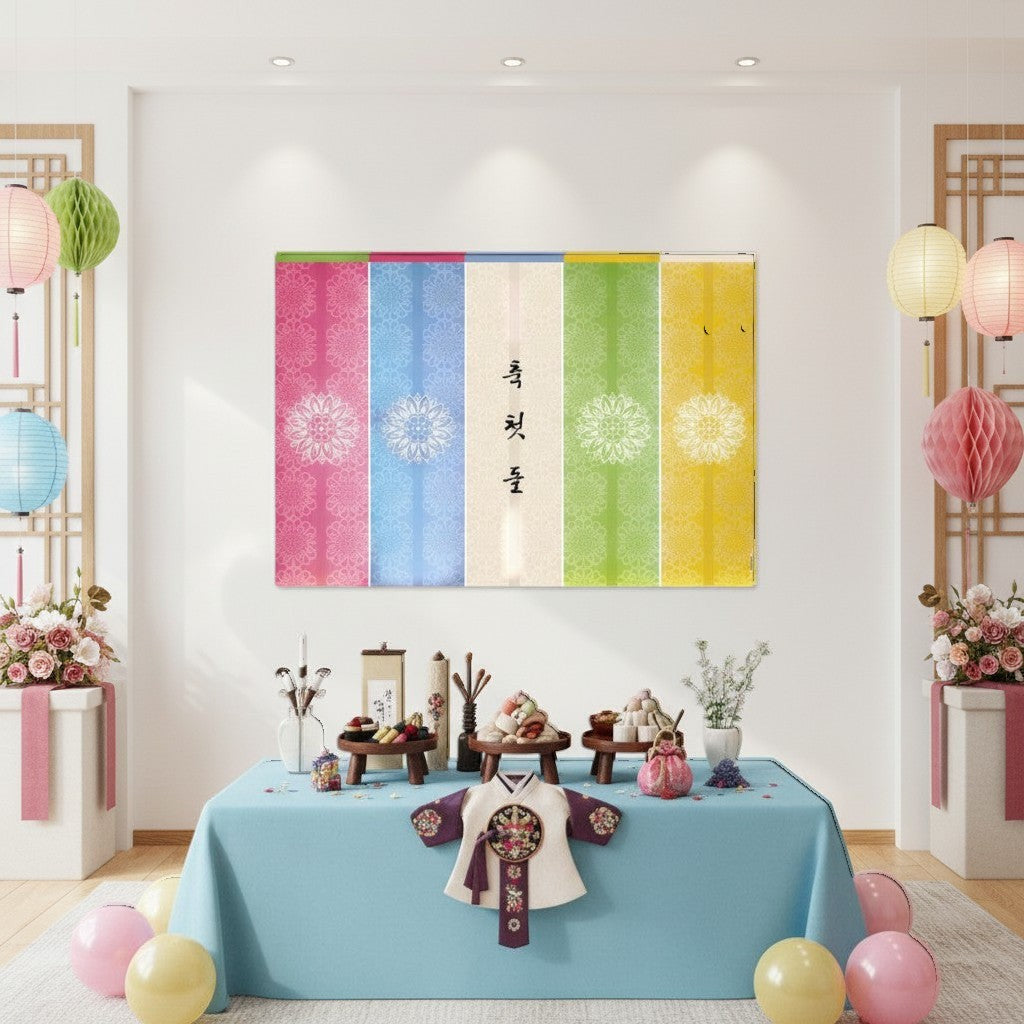 Little Seouls 1st Birthday Dol banner in pink, blue, cream, green, and yellow vinyl with floral patterns.