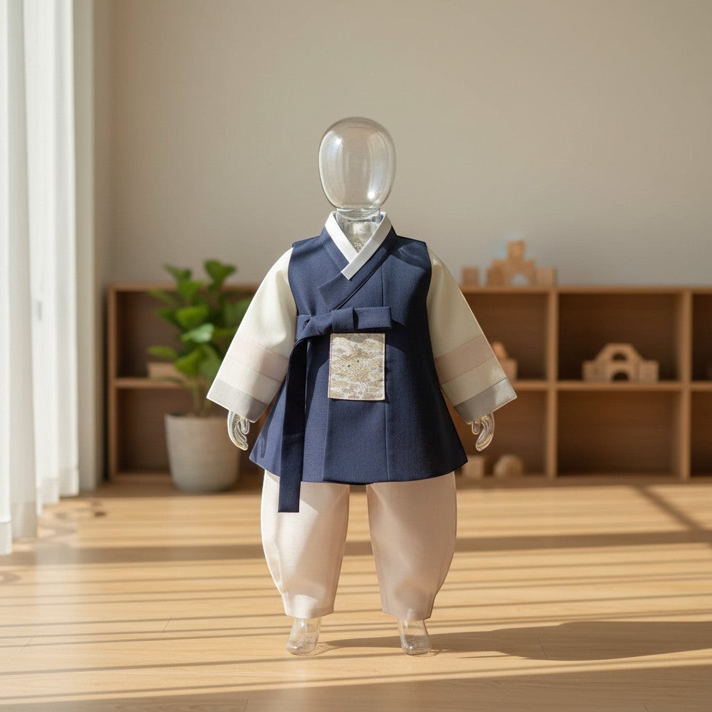 Little Seouls navy blue and cream 1st birthday boy hanbok with embroidered vest detail. Includes shirt, vest, pants, and headpiece.