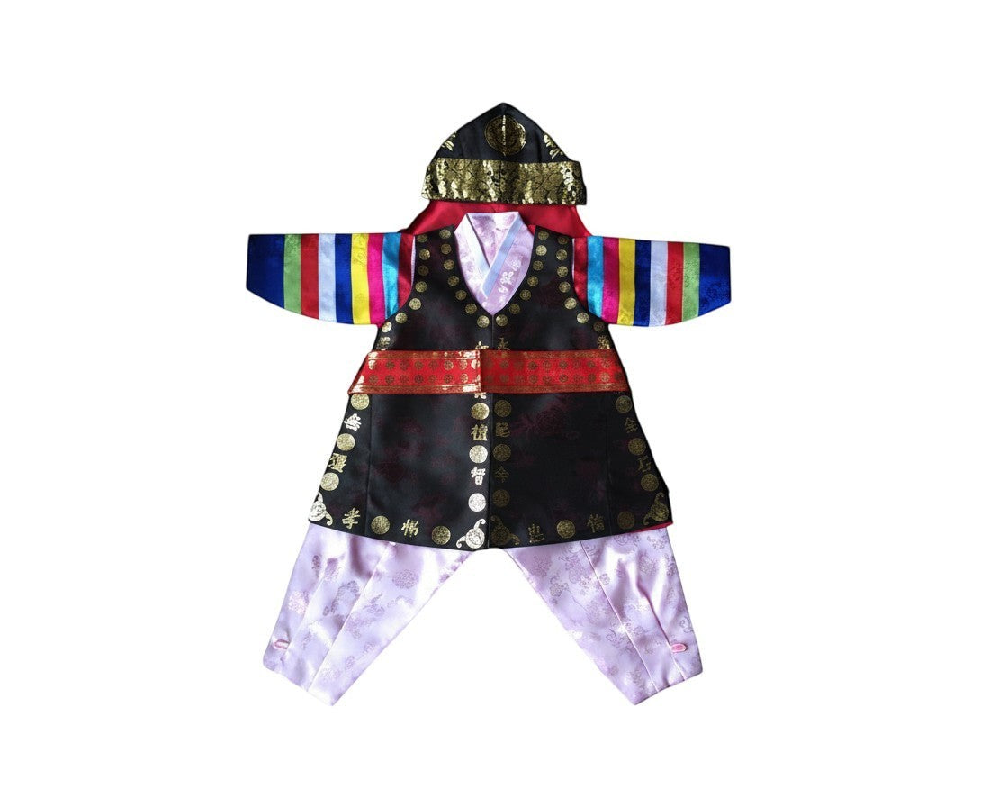 Little Seouls 1st birthday boy traditional dolbok prince hanbok in black with gold trim, rainbow sleeves, and pink pants.
