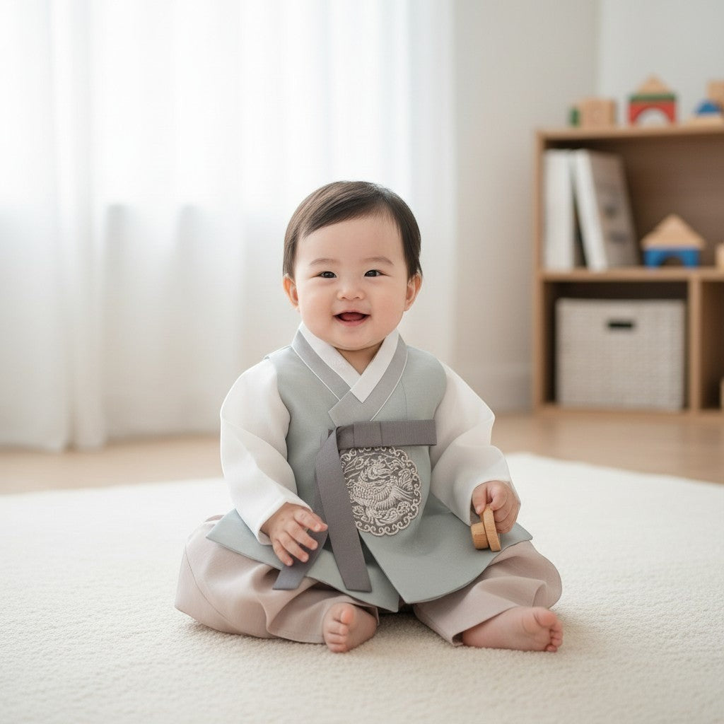 Little Seouls baby boy modern Seoul hanbok in light blue and beige, size 1, with embroidered phoenix detail.