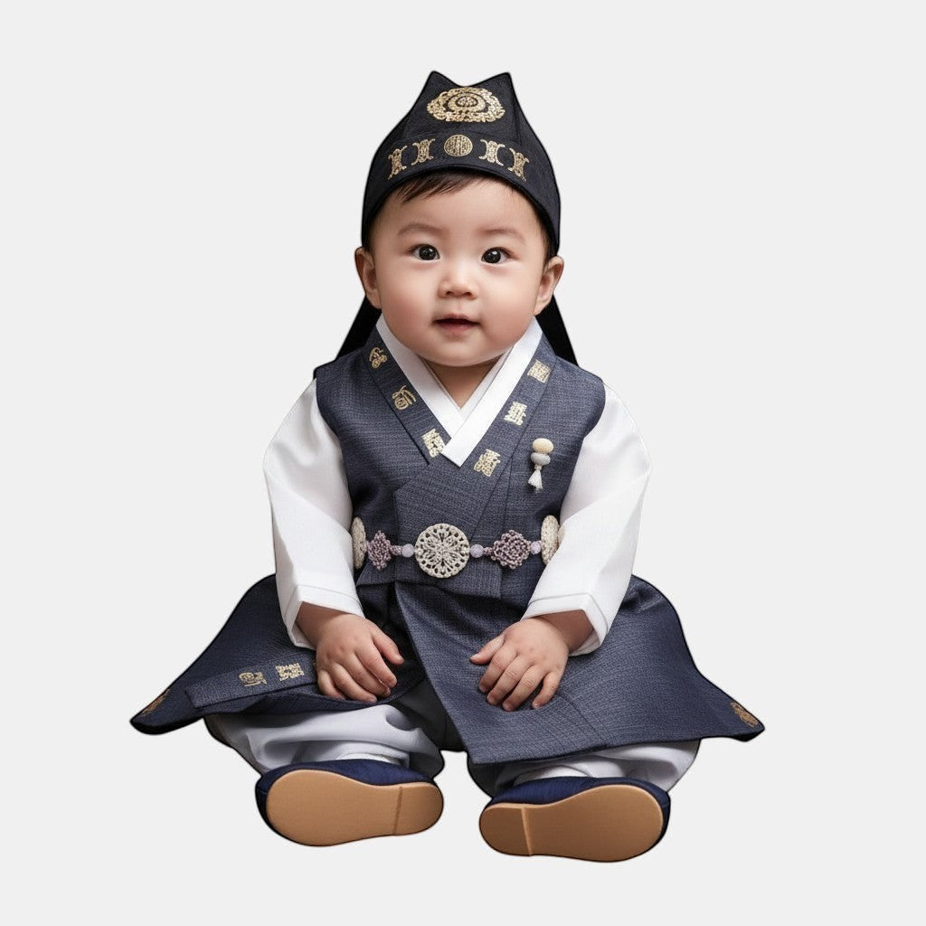 Little Seouls Size 1 black and grey hanbok for a baby boy's first birthday. Includes vest, hat, shirt, and pants.