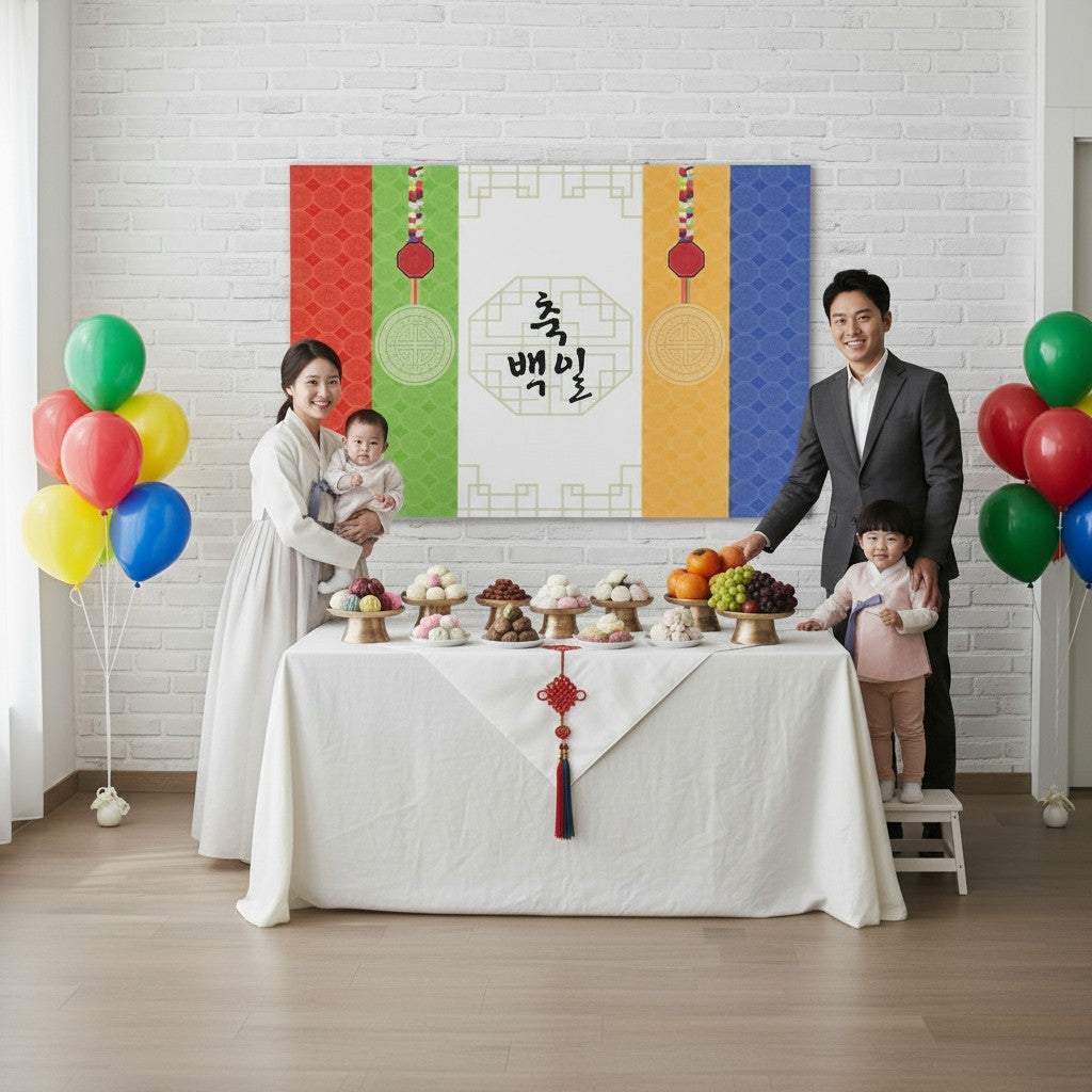 Little Seouls 100th Day Baek-il Oriental Banner, a 4x6' vinyl banner for Korean birthday celebrations with colorful stripes and traditional motifs.