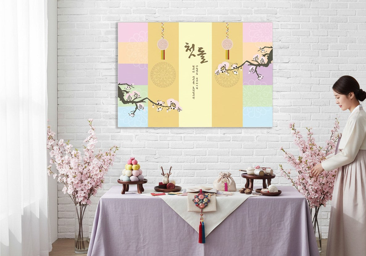 Little Seouls 1st Birthday Cherry Blossom Banner with pastel stripes, Korean characters for 'First Birthday', and floral motifs.