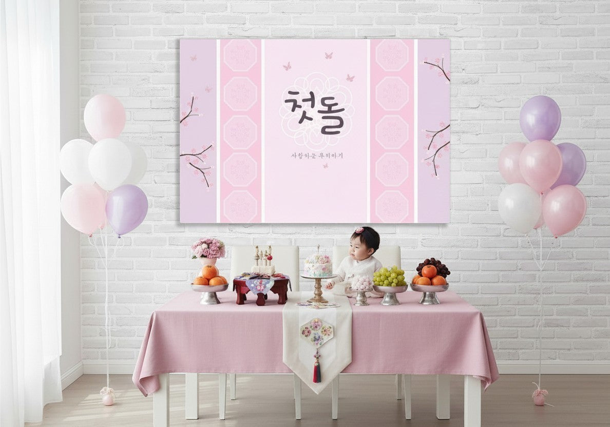 Little Seouls pink and purple vinyl banner for a 1st birthday with butterflies and cherry blossoms.