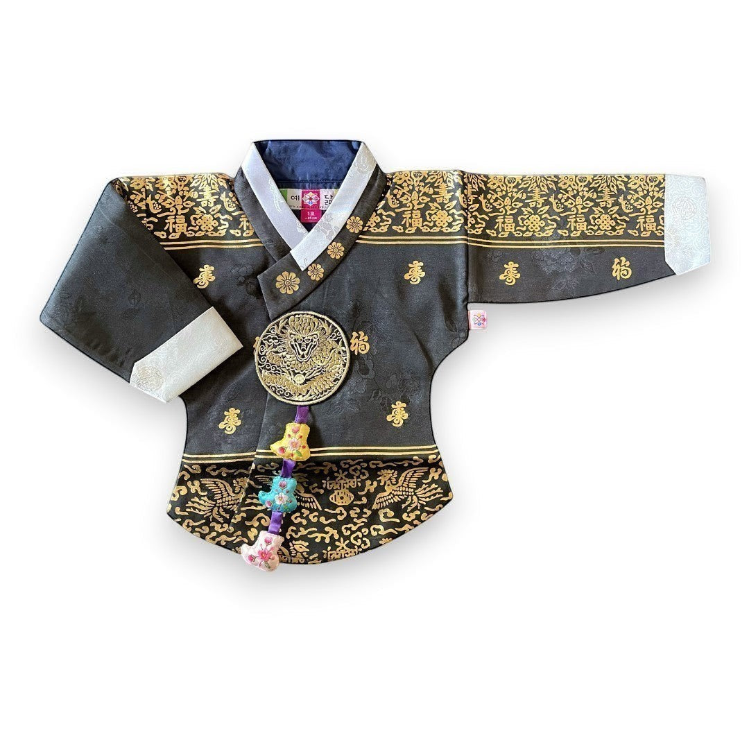 Little Seouls black and gold embroidered Korean hanbok for baby girl, size 1 (12-18 months), with dragon emblem and colorful tassels.
