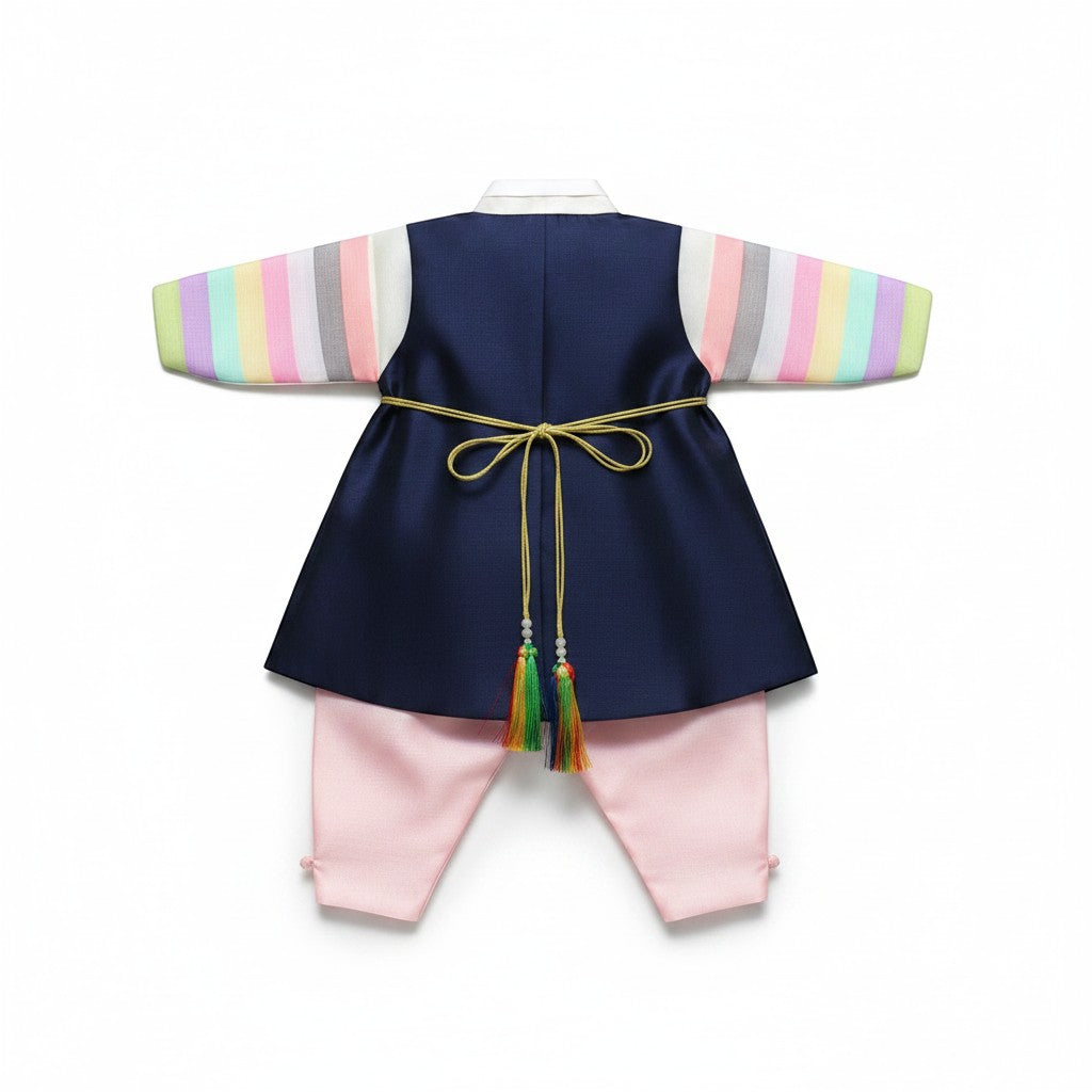 Little Seouls 100th Day boy's traditional blue hanbok with pink pants and rainbow striped sleeves.