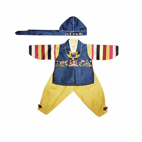 Little Seouls traditional blue and yellow hanbok for a 1st birthday boy, size 2. Includes vest, pants, shirt, and hat.