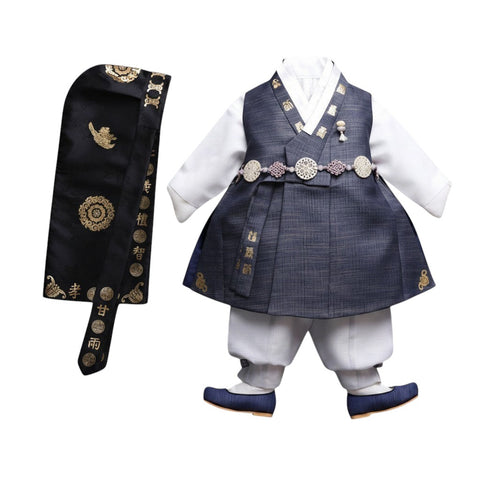 Little Seouls navy blue and gold embroidered 1st birthday boy hanbok set with hat.