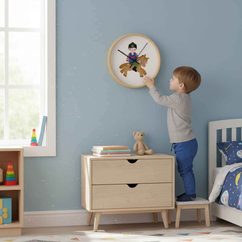 Little Seouls wooden wall clock with a cheerful illustration of a boy in folk dress riding a horse. Natural wood frame.
