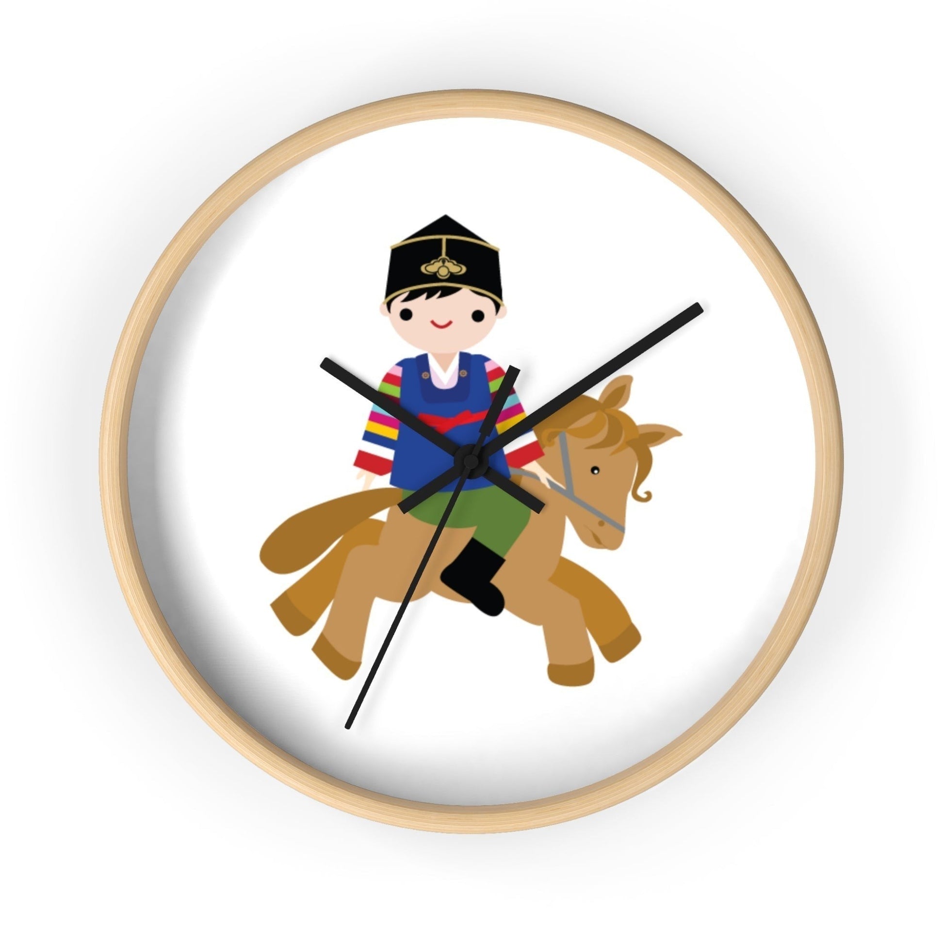 Little Seouls wooden wall clock with a cheerful illustration of a child in folk dress riding a horse. Natural wood frame.
