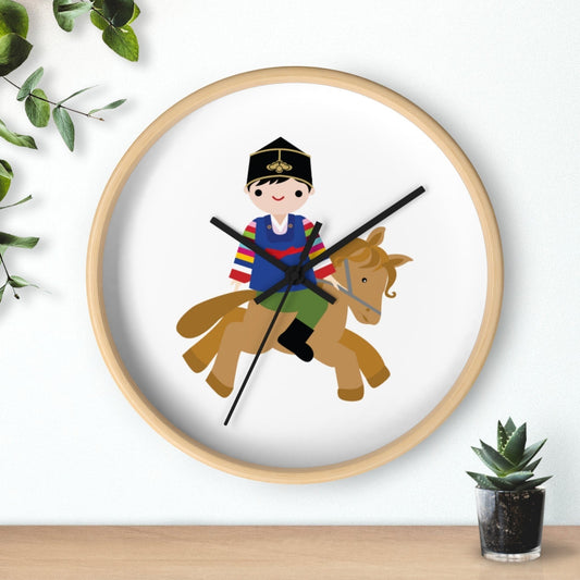 Little Seouls wooden wall clock with a cheerful illustration of a child in folk dress riding a horse. Natural wood frame.