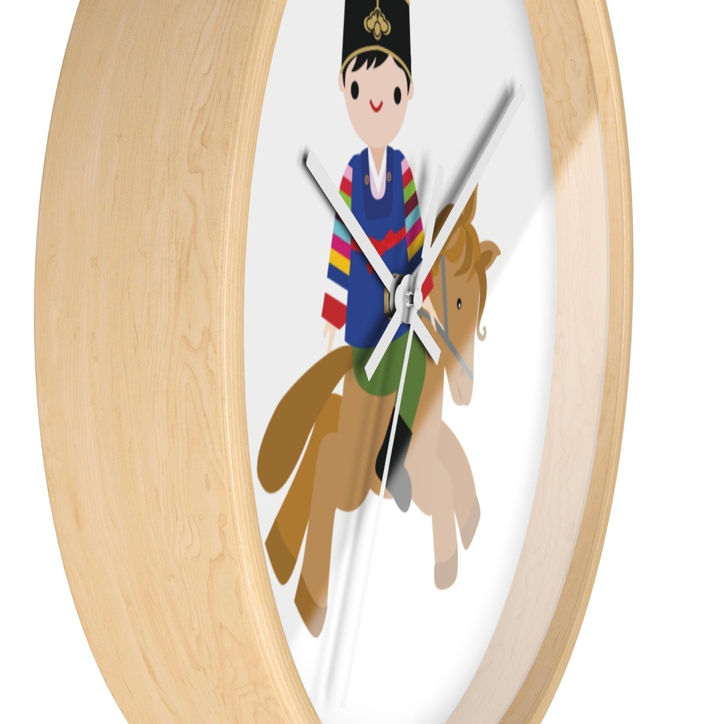 Little Seouls wooden wall clock with a boy in colorful folk dress riding a horse illustration.