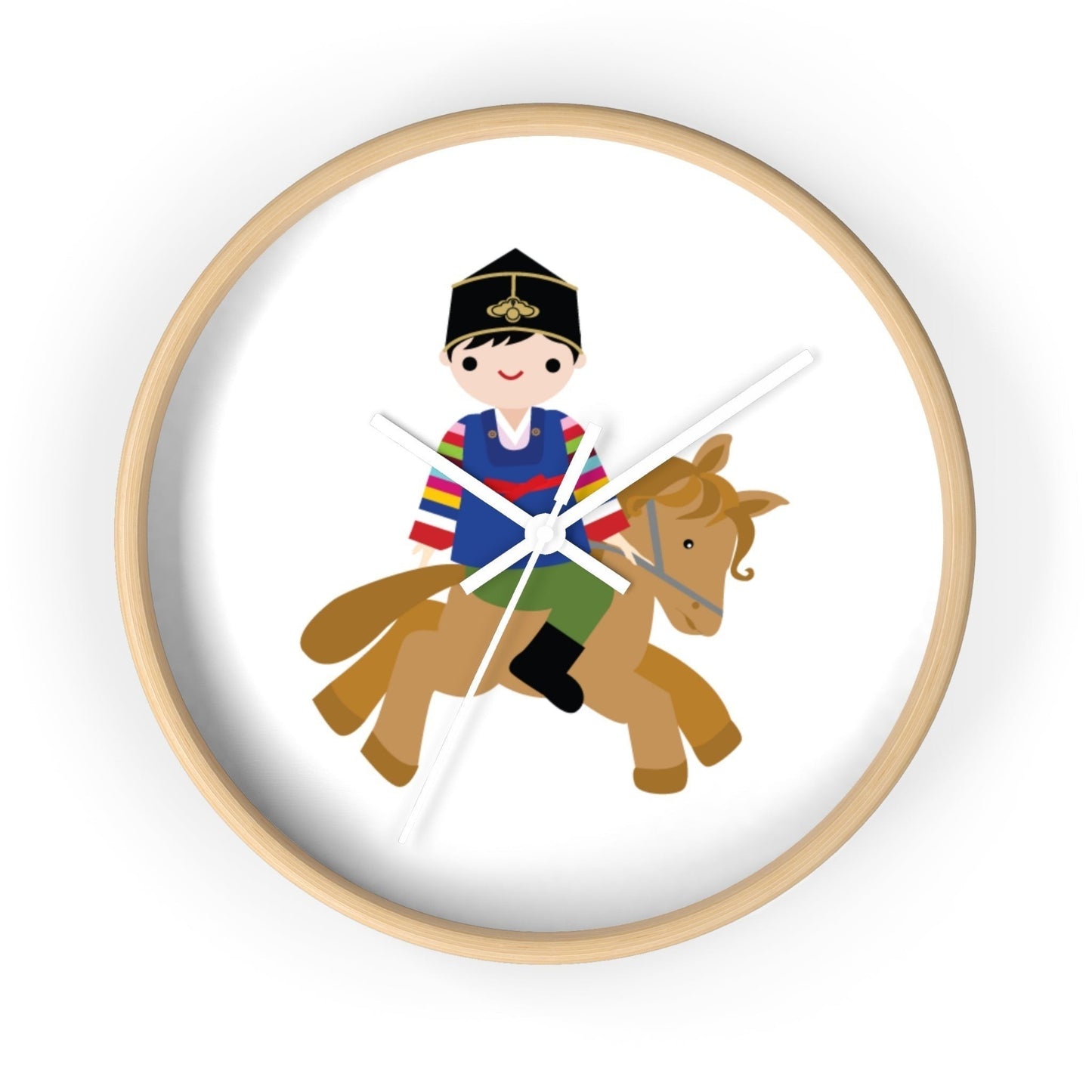 Little Seouls wooden wall clock with a charming illustration of a child in colorful folk dress riding a brown horse.