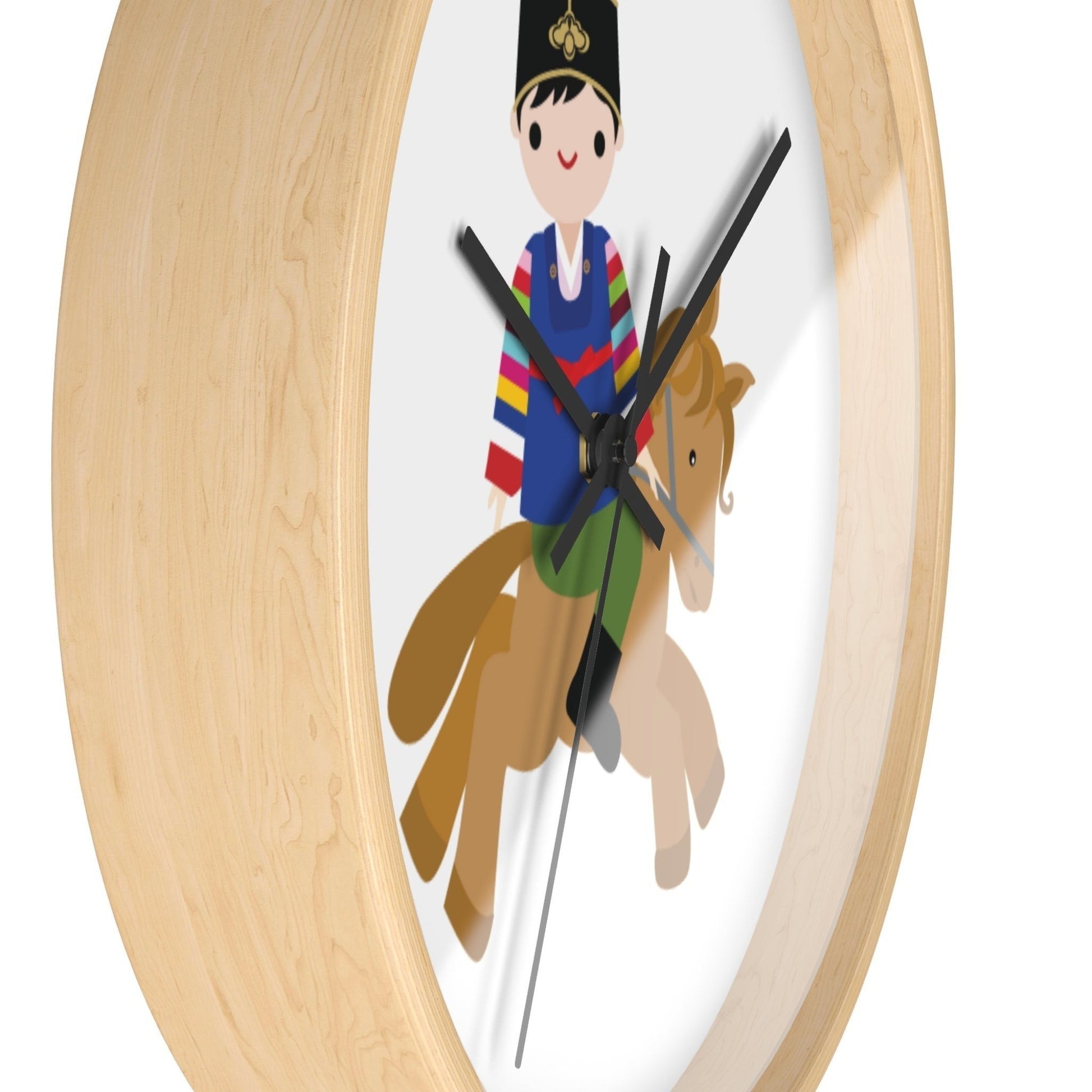 Little Seouls wooden wall clock with a whimsical illustration of a child in colorful folk dress riding a horse.