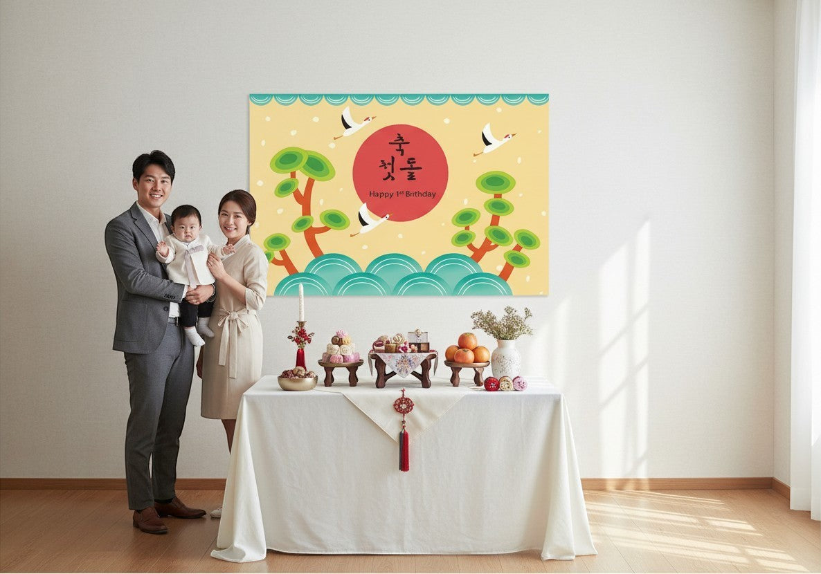 Little Seouls Crane 1st Birthday Dol banner, yellow vinyl with red circle, cranes, trees, and waves. Celebrates a baby's first birthday.