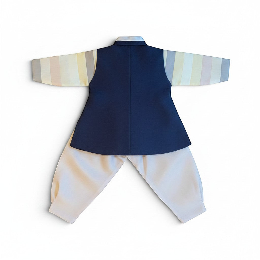 Little Seouls navy blue vest and striped sleeve hanbok for a 1st birthday boy, with cream pants and headpiece.