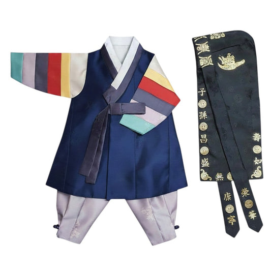 Little Seouls 100th Day Boy Hanbok: blue vest, lavender pants, and colorful striped sleeves. Includes black sash with gold embroidery.
