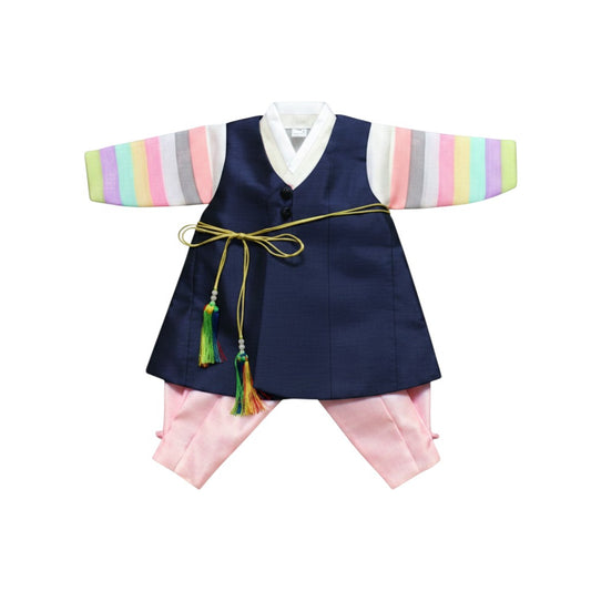 Little Seouls 100th day boy's traditional blue and pink hanbok with rainbow striped sleeves and tassel belt.