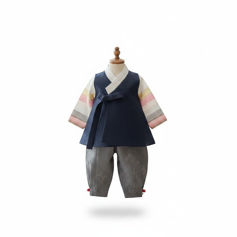 Little Seouls 100th day boy's hanbok set in navy blue, gray, and pastel stripes. Includes vest, shirt, and pants.