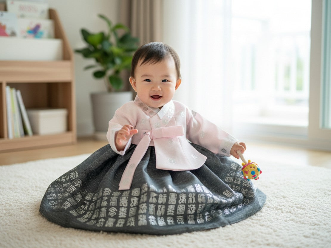Little Seouls preowned 100th day girl's hanbok, size 3-5 months. Pink top with silver floral trim and gray skirt with silver Korean characters.