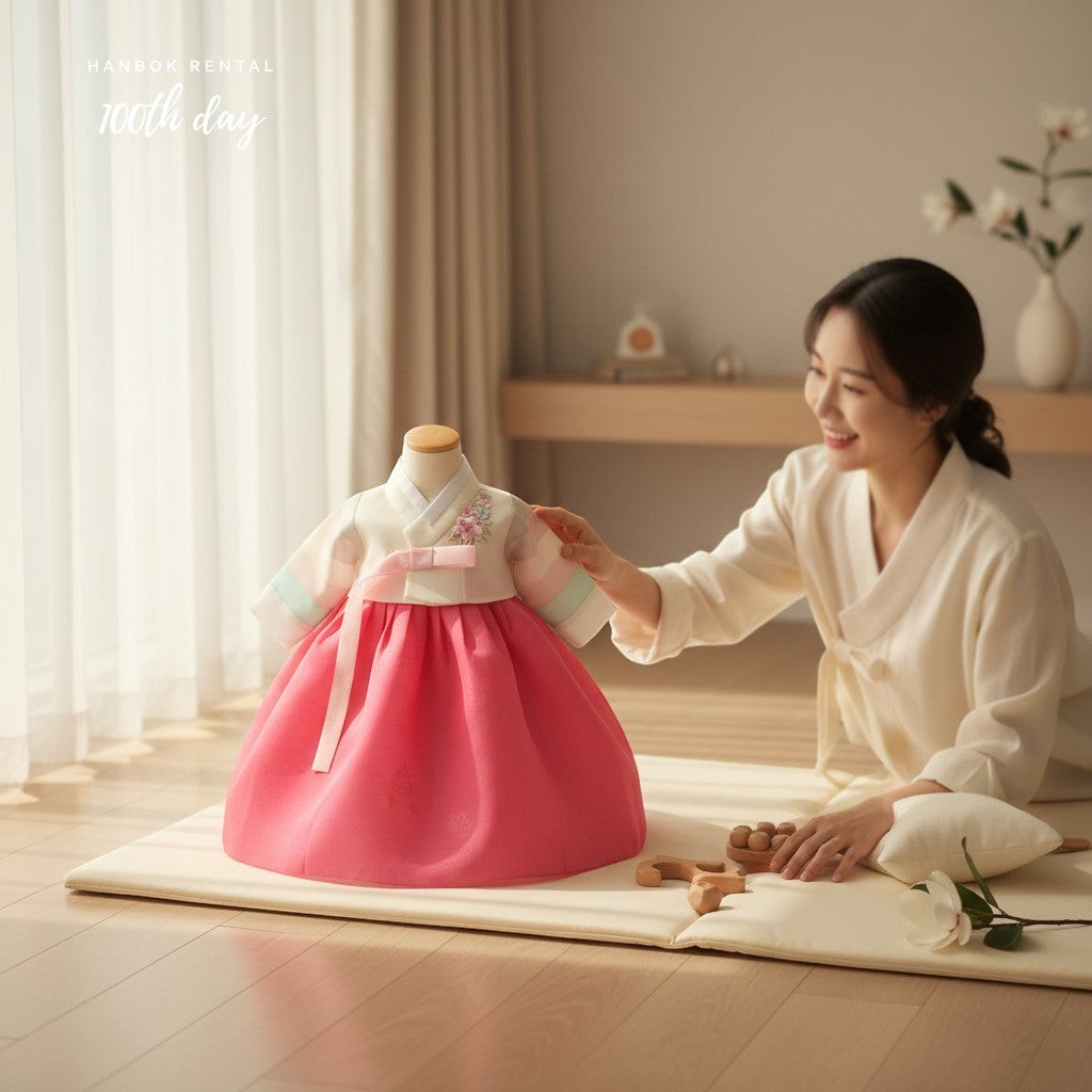 Little Seouls pastel and dark pink 100th day girl's Hanbok with floral embroidery and pastel striped sleeves.