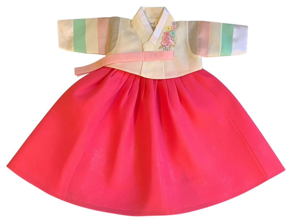 Little Seouls pastel and dark pink hanbok for girls, featuring a white top with pastel striped sleeves and floral embroidery, and a bright pink skirt.