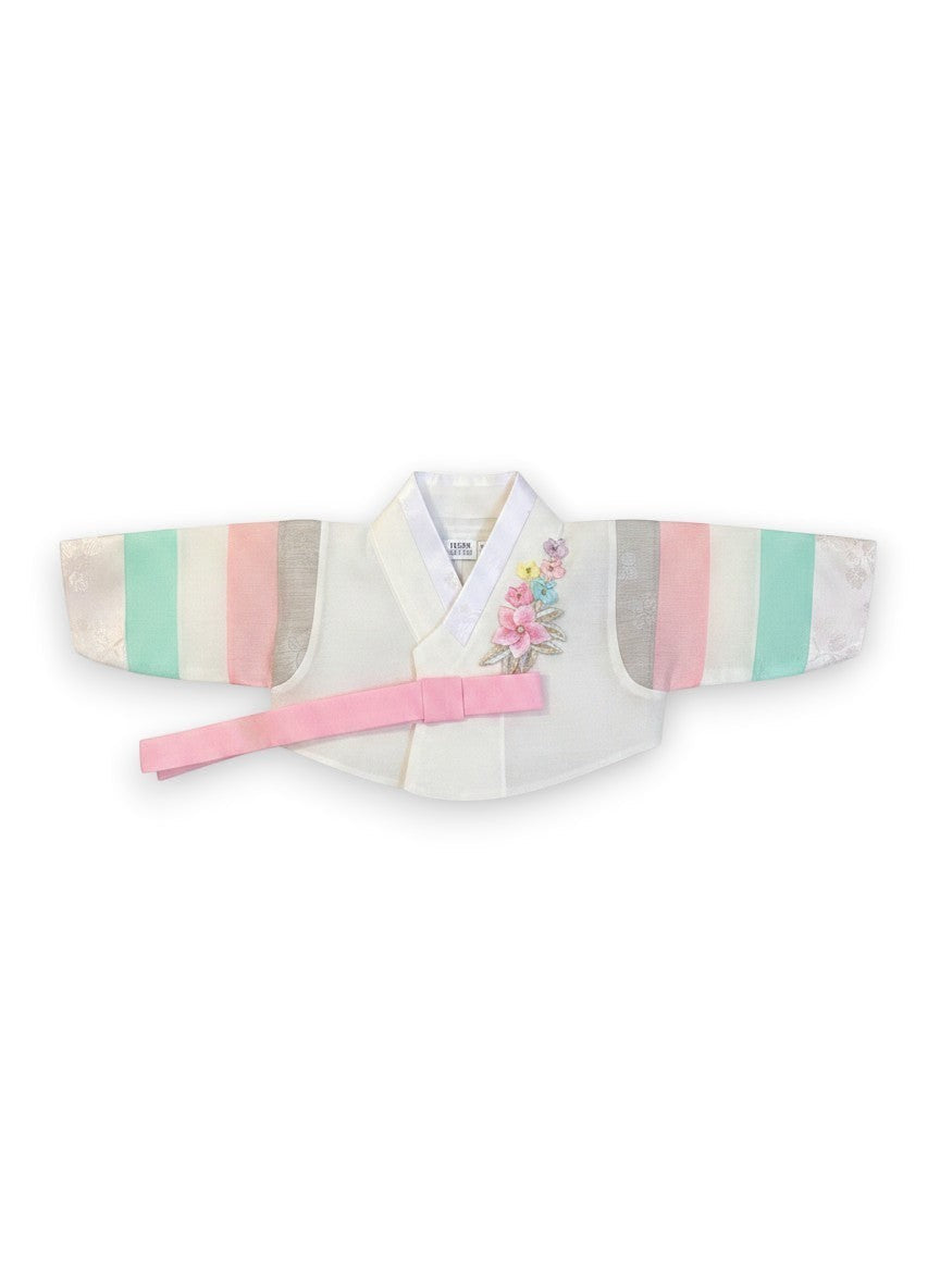 Little Seouls pastel and dark pink 100th day girl's Hanbok with floral embroidery and rainbow striped sleeves.