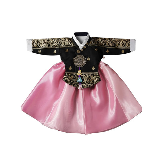 Little Seouls black and gold embroidered top with pink satin skirt, size 1 (12-18 months) Korean Hanbok for Doljanchi.