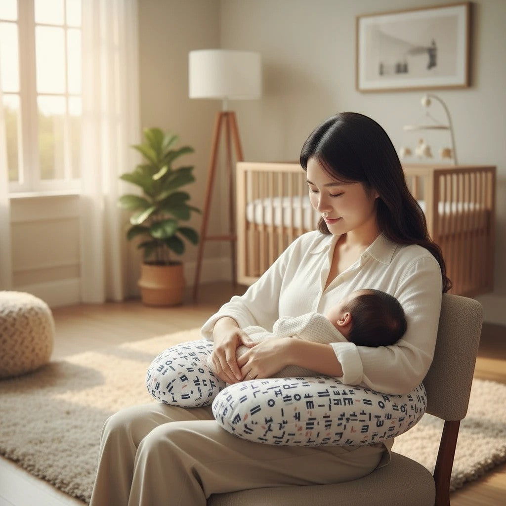 Little Seouls Korean Alphabet Nursing Pillow Cover in navy blue and coral on white, made of polyester/spandex jersey knit.