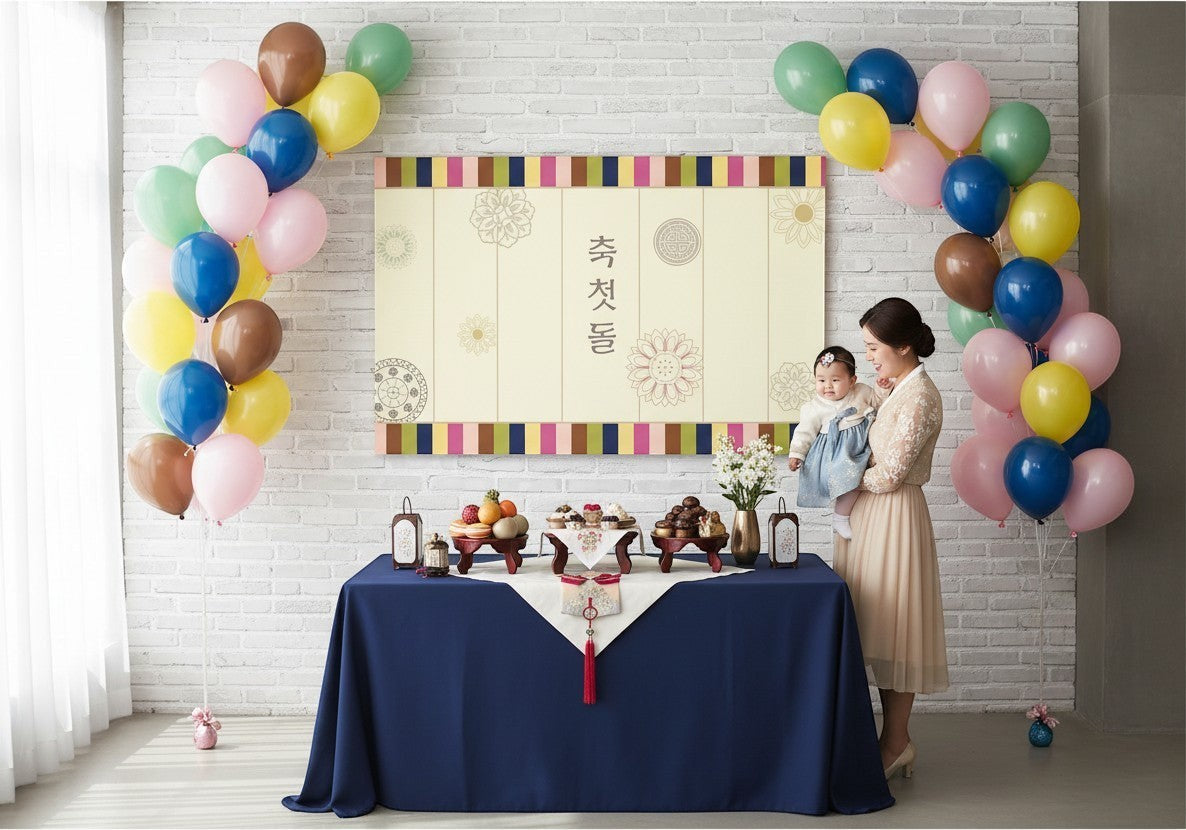 Little Seouls cream vinyl backdrop with floral motifs and Korean knotwork for Doljanchi celebration.