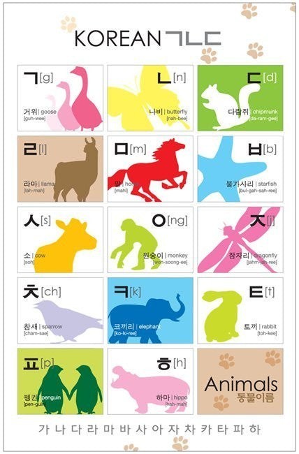 Little Seouls Korean Hangul Alphabet poster with animals like geese, butterfly, chipmunk, llama, horse, starfish, cow, monkey, dragonfly, sparrow, elephant, rabbit, penguin, and hippo.