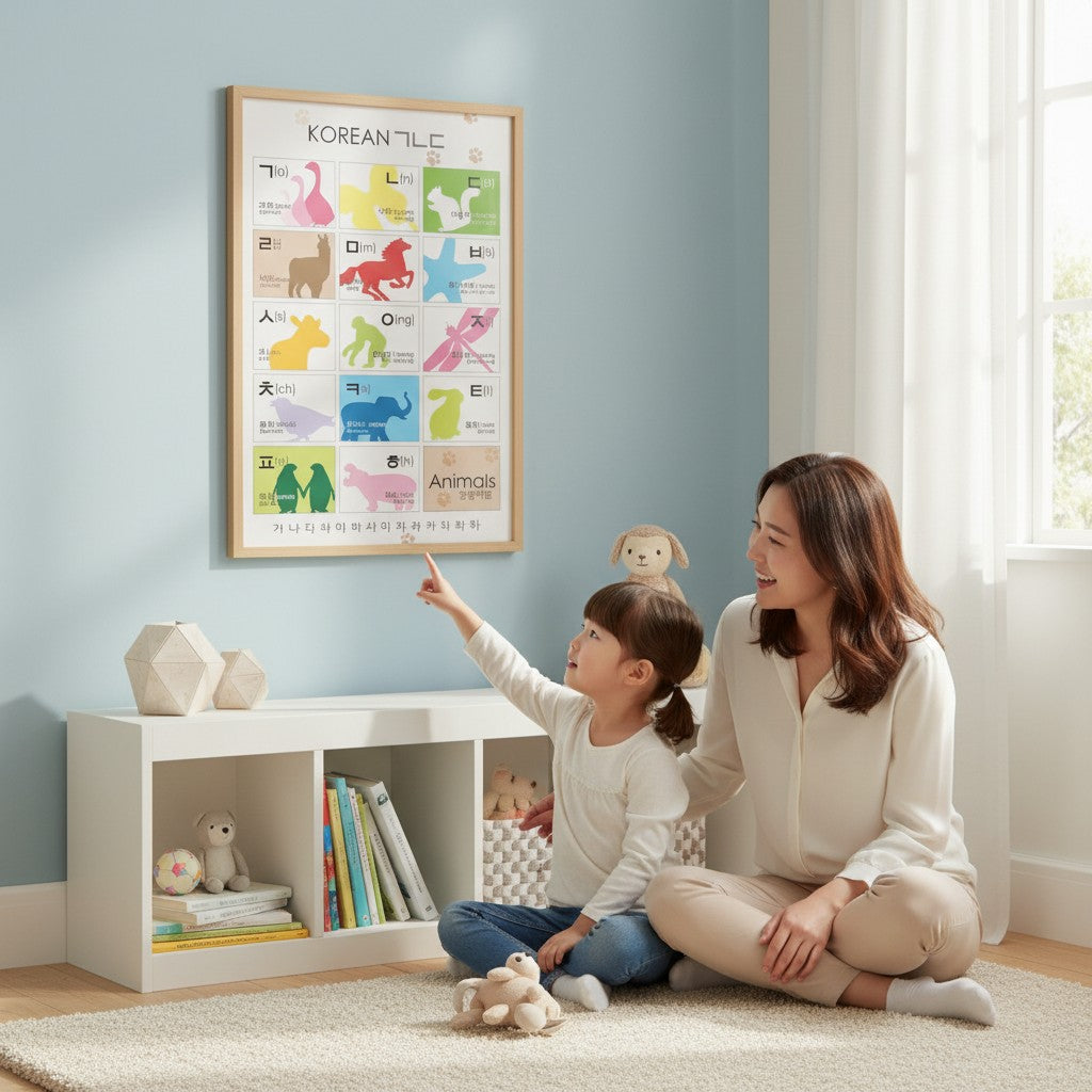 Little Seouls Korean Hangul Alphabet poster with colorful animals and phonetic spellings. 11x17 inches glossy paper.