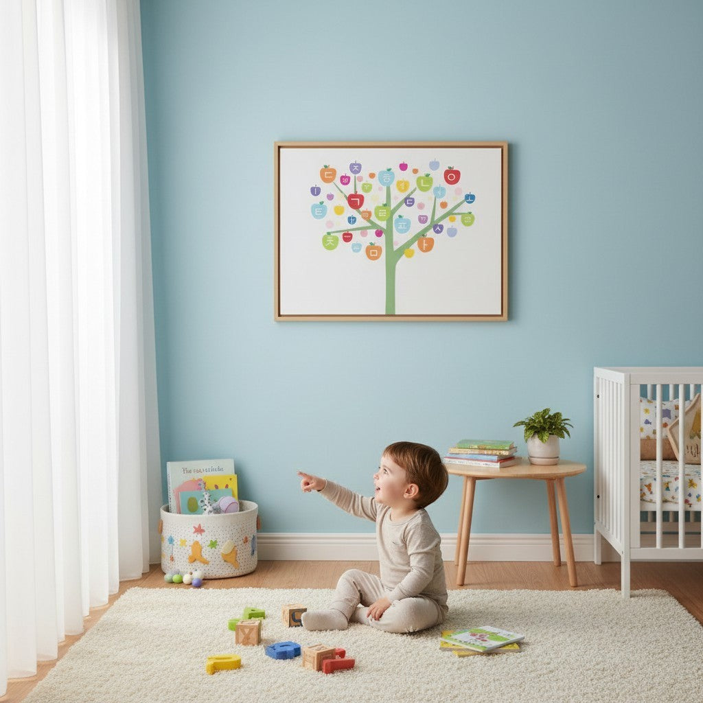 Little Seouls Korean Hangul Alphabet Tree poster on glossy paper, featuring colorful letters on branches.