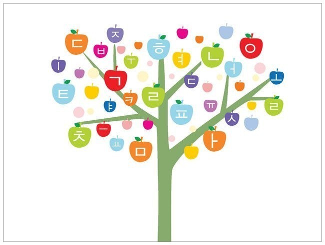 Little Seouls Korean Hangul alphabet tree poster with colorful apple-shaped characters on glossy paper.