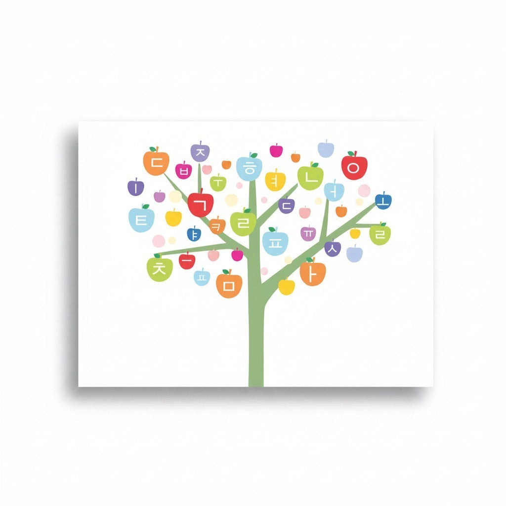 Little Seouls Korean Hangul alphabet tree poster with colorful apples. 18x24 inches glossy paper.