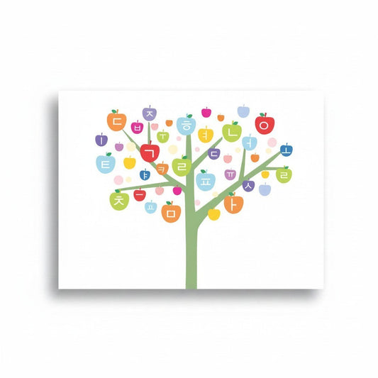 Little Seouls Korean Hangul alphabet tree poster with colorful apples. 18x24 inches glossy paper.
