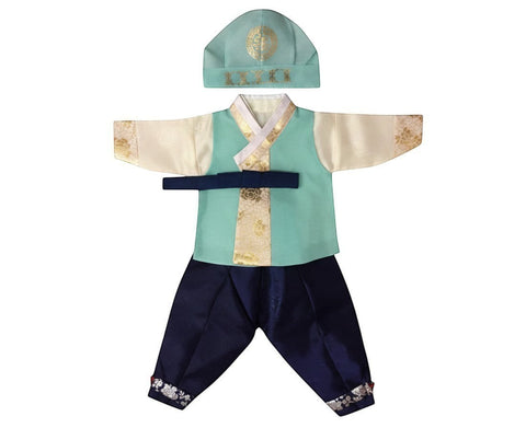 Little Seouls mint green and cream 1st birthday boy crown prince hanbok with gold trim and navy pants.