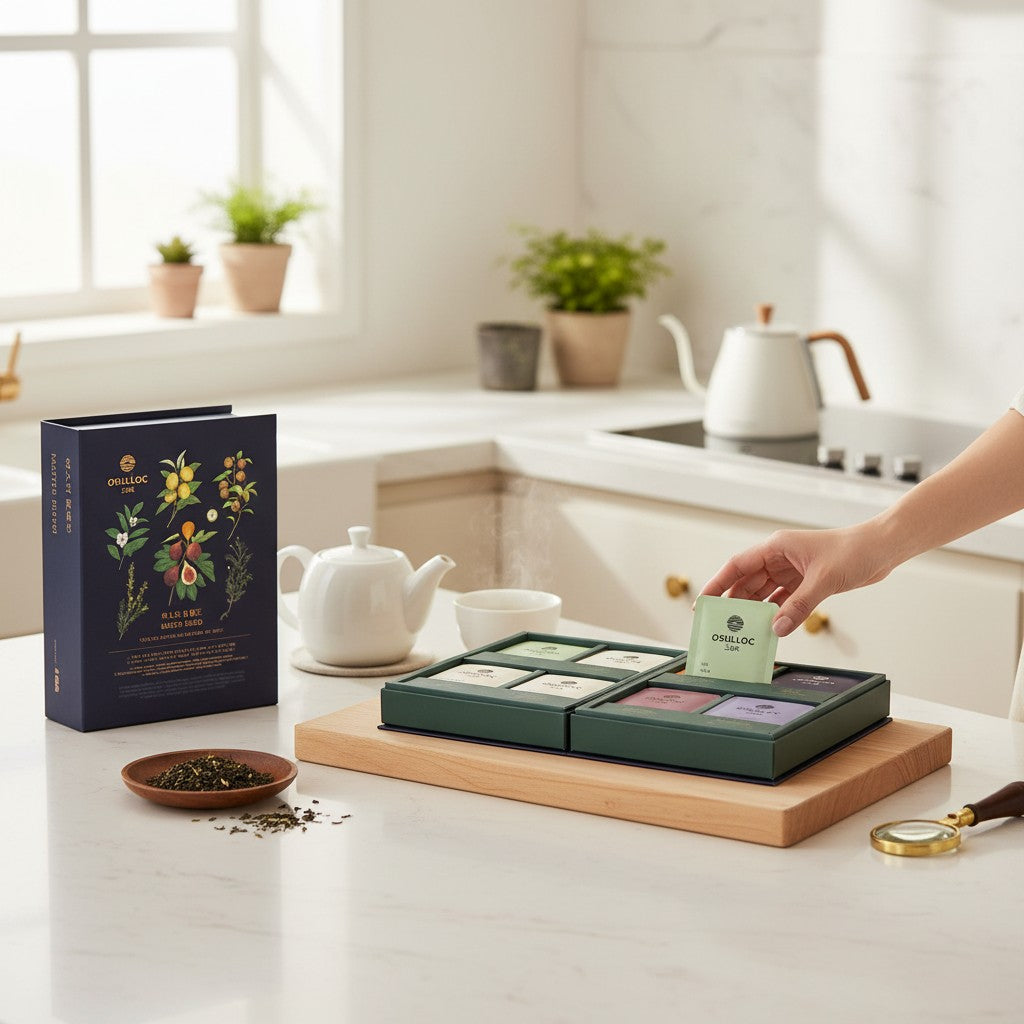 Little Seouls OSULLOC Masterblend Tea Collection gift box with 32 pyramid sachets in 8 flavors, including green, rooibos, and black teas.